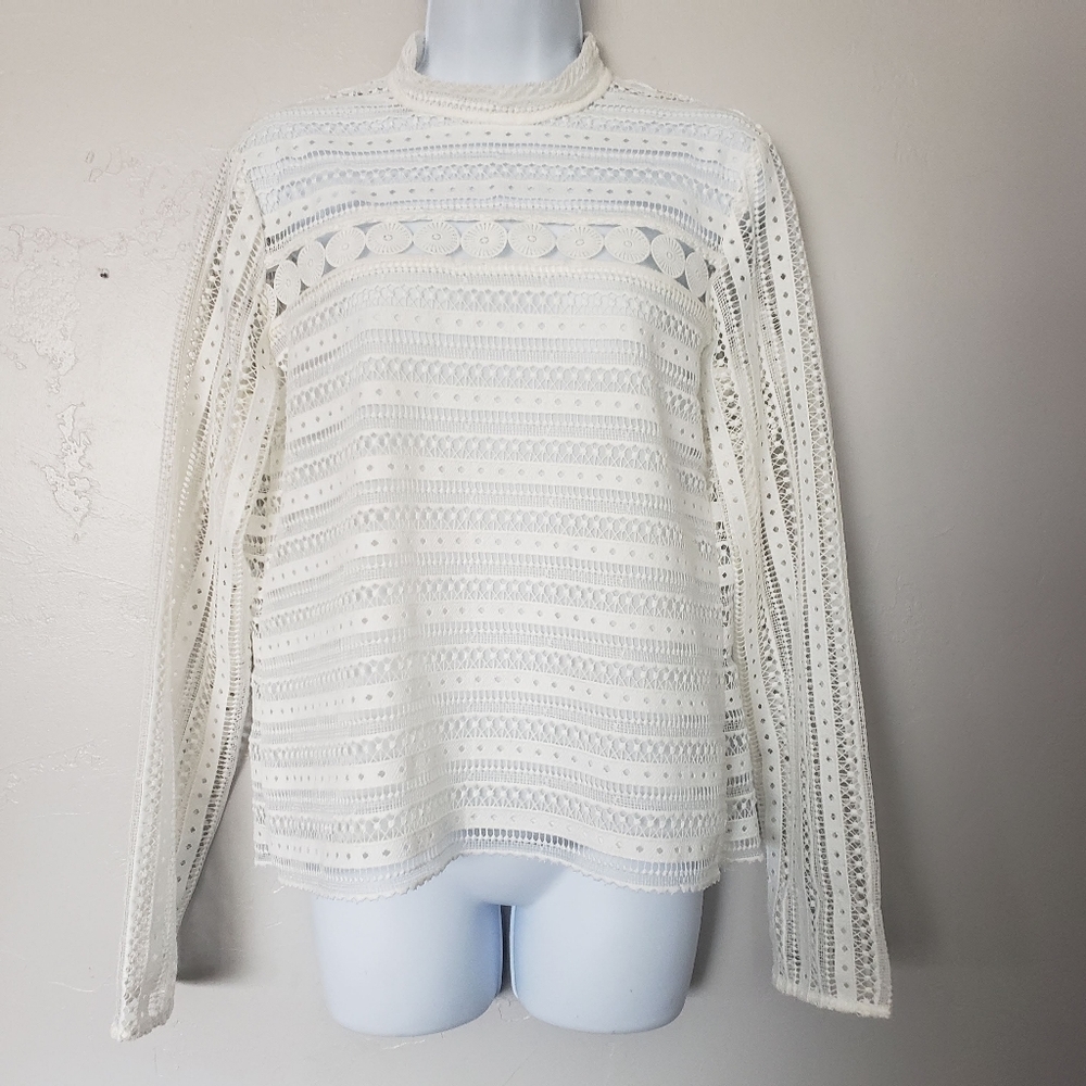 Bardot Women's 8 Medium White Lace Long Sleeve Blouse Mockneck Top Keyhole Boho